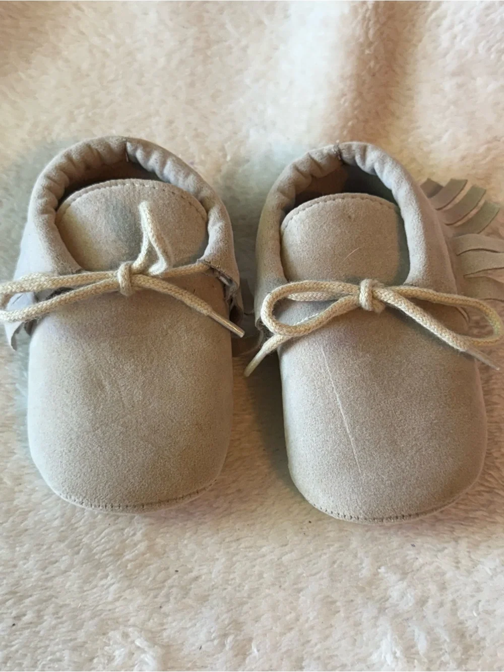 Soft Cream Moccasin Baby Shoes with Fringe Tie